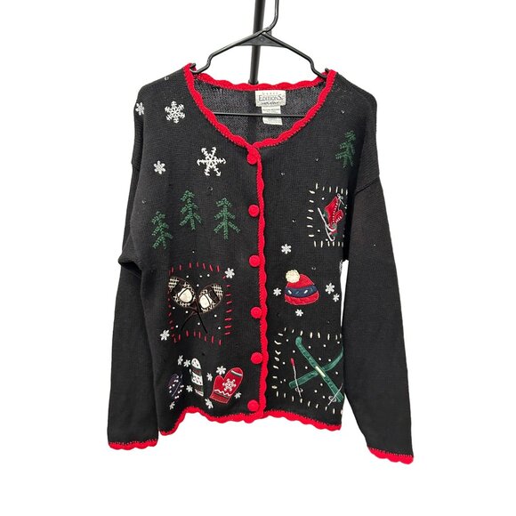 Vintage Basic Editions Holiday Sweater Black Red Trim Sz M Winter Design - Picture 1 of 8